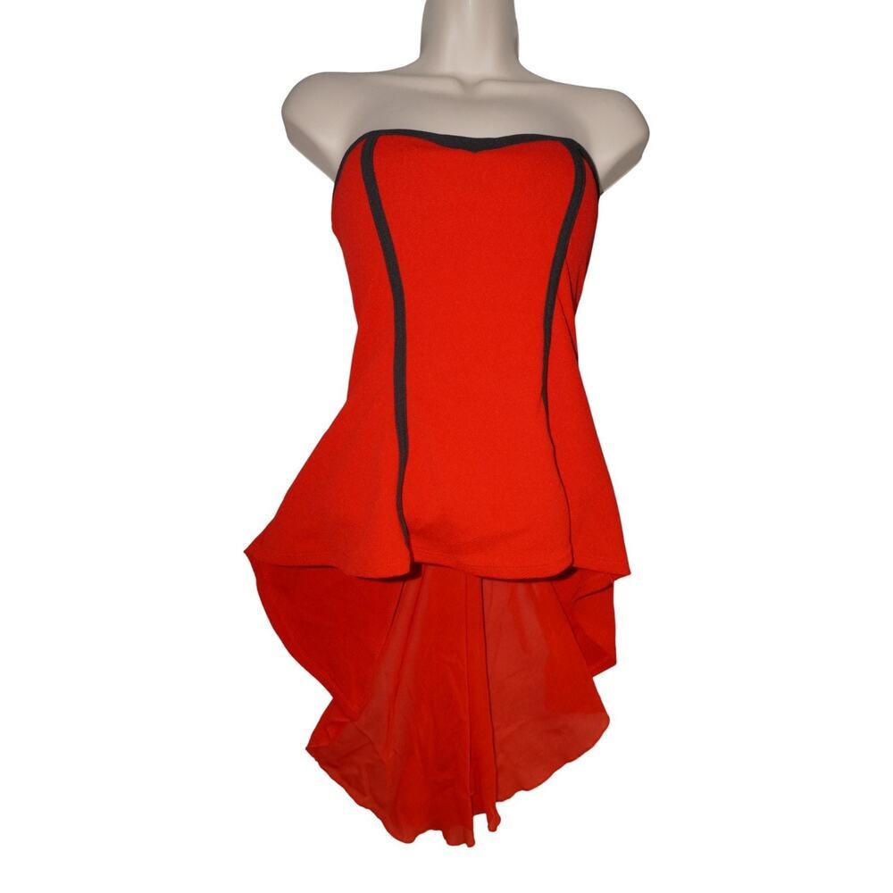 Y2K Red Strapless Corset Peplum Top High Low Hem Burlesque Coquette M - Picture 2 of 14